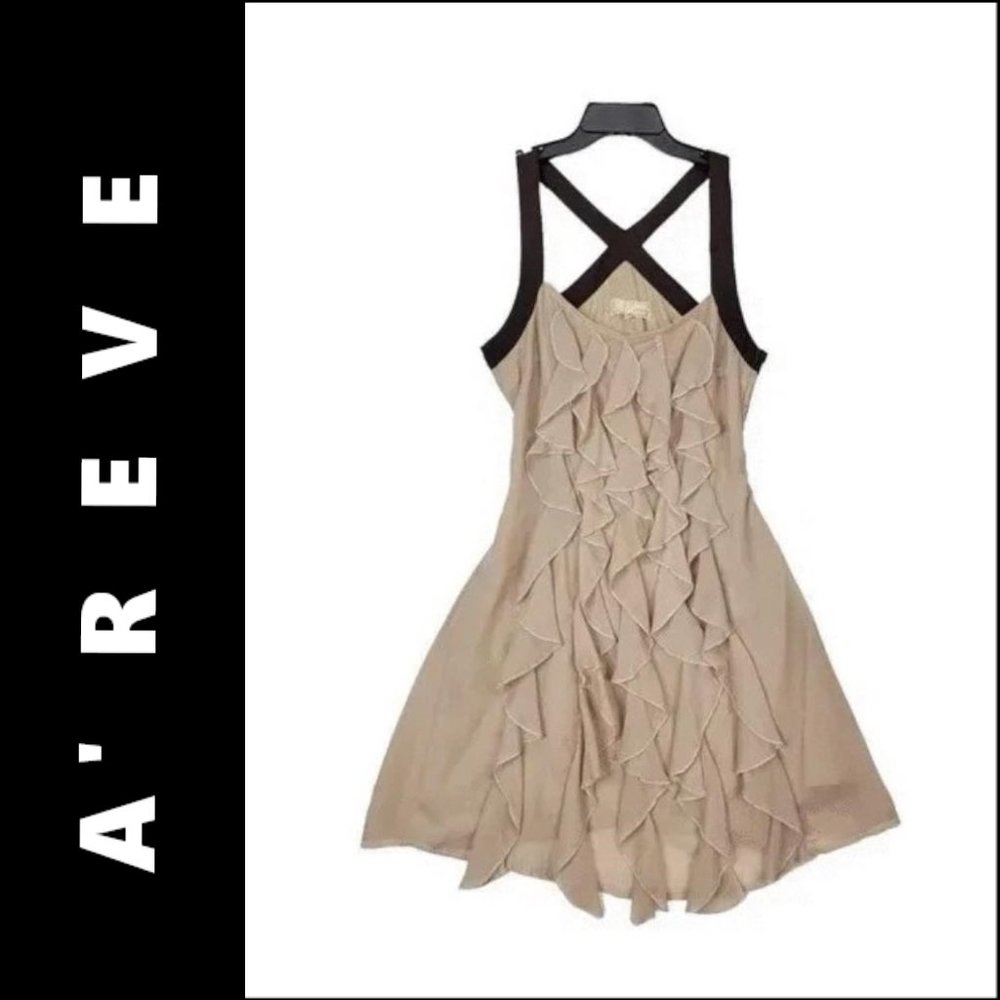 A' Reve Beige Dress Size Medium Women Sleeveless Fit & Flare Ruffle - Picture 2 of 9